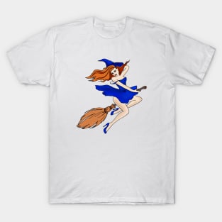 Funny art print. Witch on a broomstick. Halloween. Printing on clothes. Holiday card. drawing. Image of a cool witch. T-Shirt